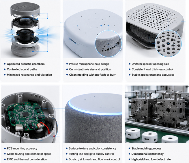 Close-up engineering analysis of voice device housing defects including speaker grille deformation, microphone hole molding defects, sink marks, warpage, and PCB assembly interference