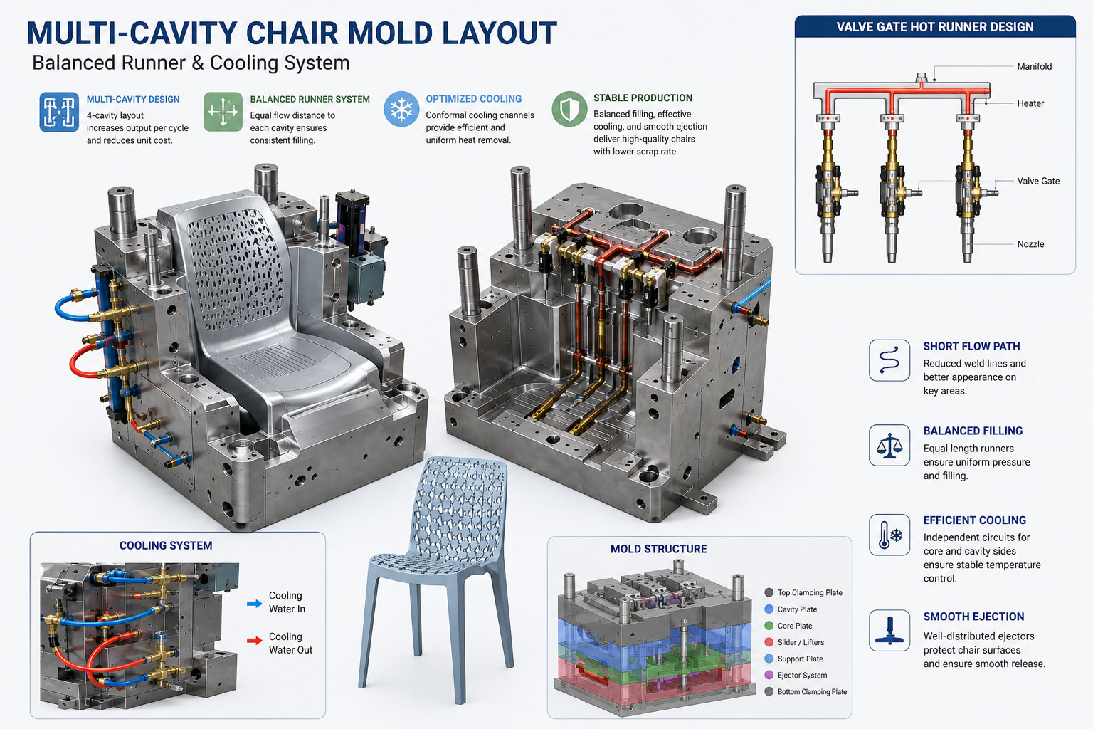 multi cavity chair mold layout with balanced runner and cooling system