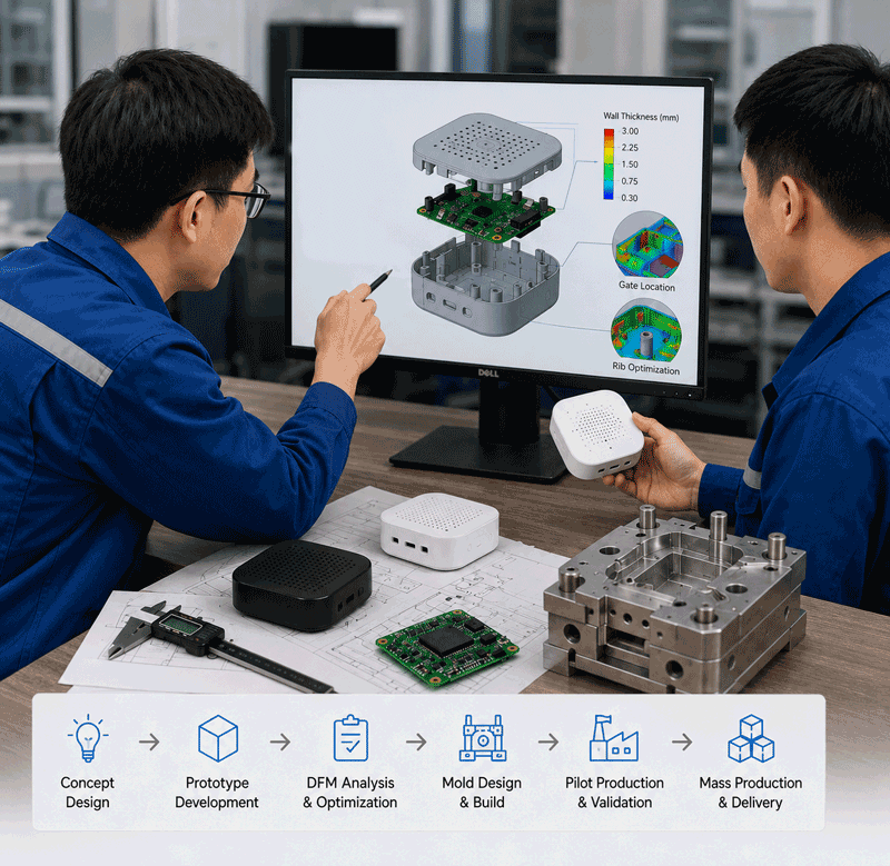 Engineering team reviewing AI hardware product enclosure DFM analysis and mold manufacturability