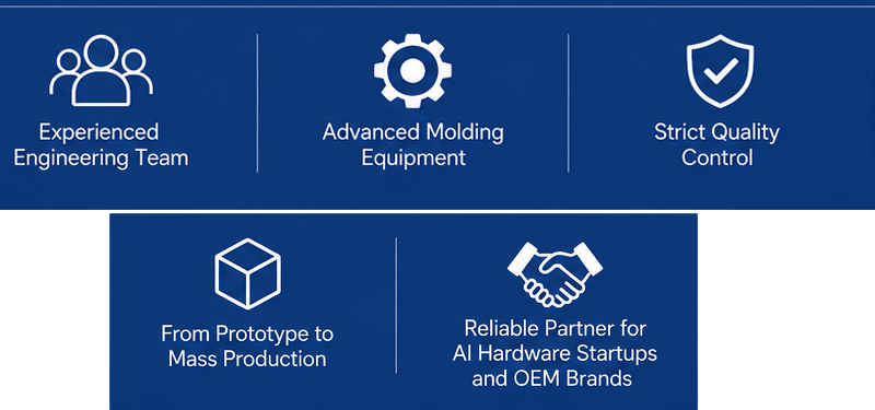 DTG TECH factory team supporting AI hardware manufacturing, smart device injection molding, and OEM AI product development