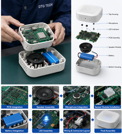 Electronic module integration support showing PCB, speaker, microphone, battery, LED, and plastic housing assembly