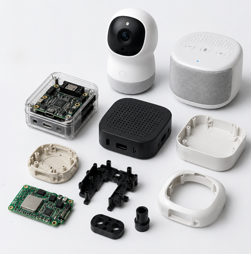 AI consumer product manufacturing with plastic housing, PCB module, prototype parts, and injection molded components