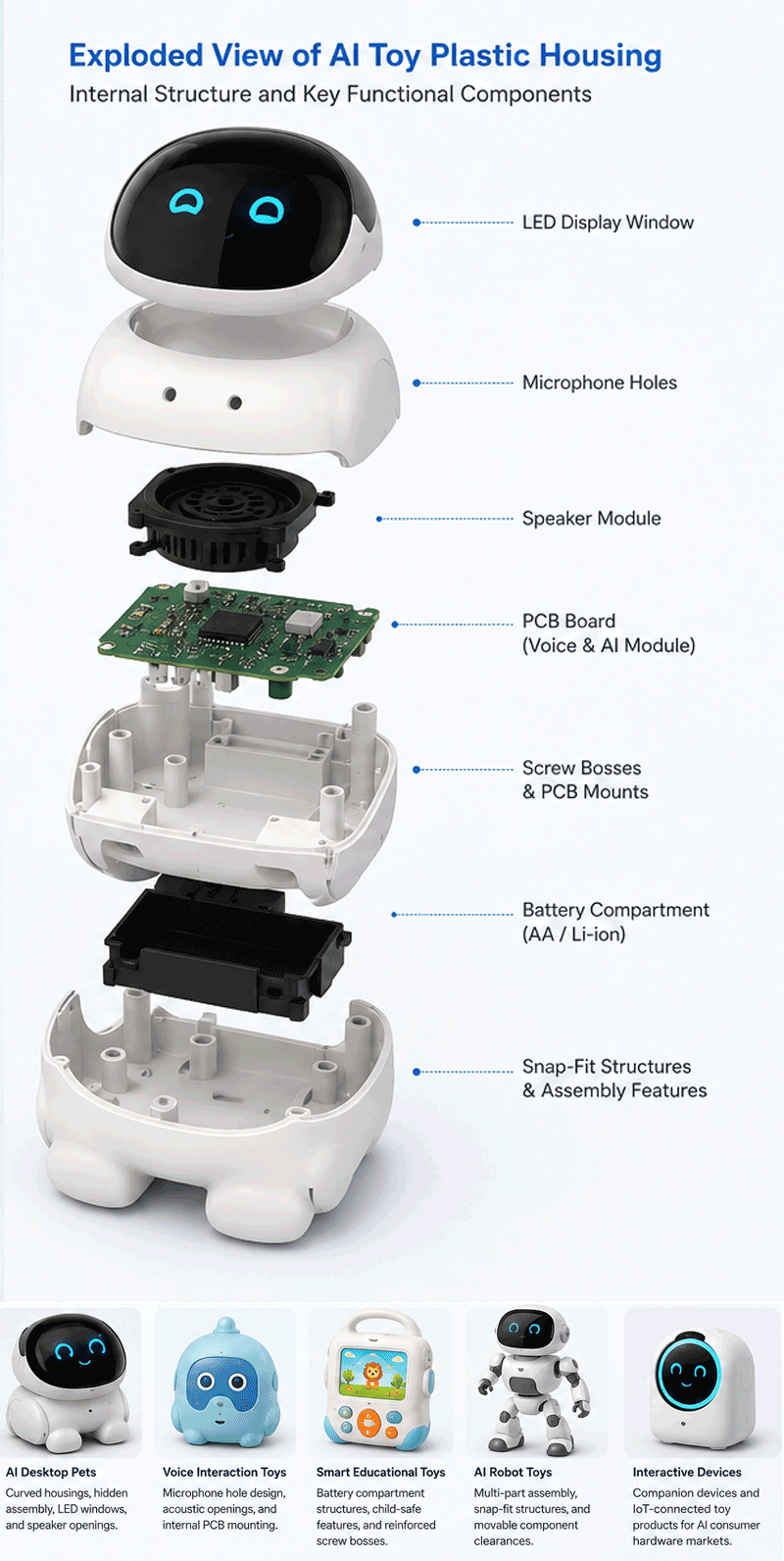Exploded view of AI toy plastic housing with internal PCB, speaker module, microphone holes, battery compartment, and snap-fit structures