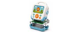 Smart educational toy housing with battery compartment structure, child-safe plastic features, and reinforced screw bosses