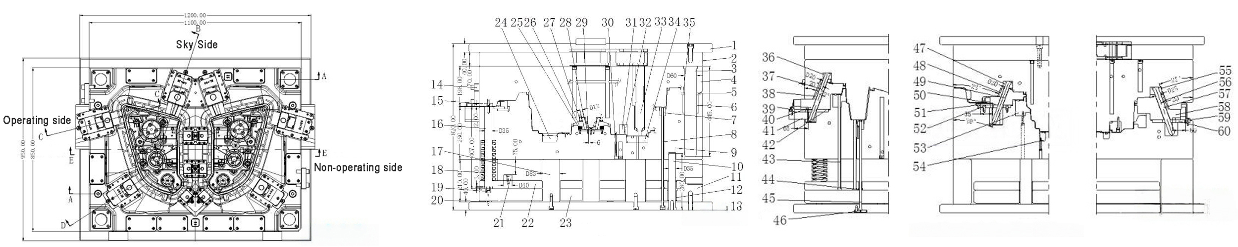 large automotive light cover injection mold structure with hot runner and side slides