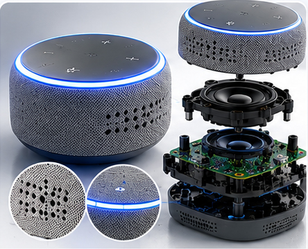 Smart speaker housing with acoustic openings, hidden assembly, fabric integration, and LED light windows