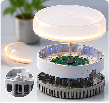 AI smart lighting enclosure with translucent plastic areas, heat dissipation structures, and multi-material appearance design