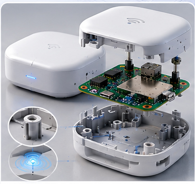 IoT device enclosure with compact PCB integration, mounting structures, and wireless signal considerations