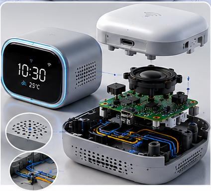 Smart desktop device housing with cosmetic surface quality, speaker and microphone integration, and cable management structures