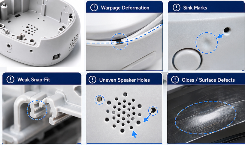 Engineering close-up of smart device enclosure defects including warpage, sink marks, speaker hole deformation, weak snap-fit, and PCB assembly interference