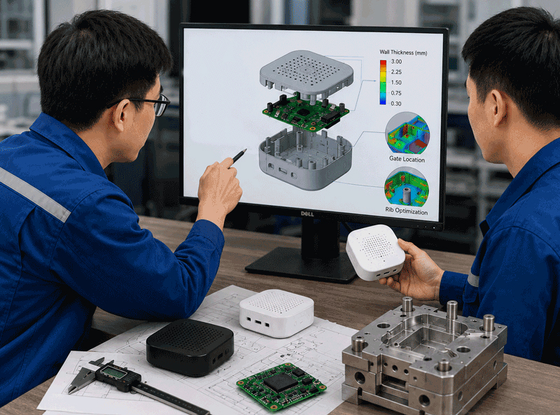 DTG TECH engineering team reviewing smart home device enclosure structure, DFM analysis, PCB mounting, and mold manufacturing feasibility