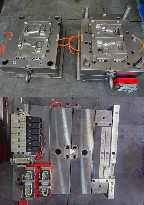 Two-shot injection mold with rotating core and power tool housing cavities