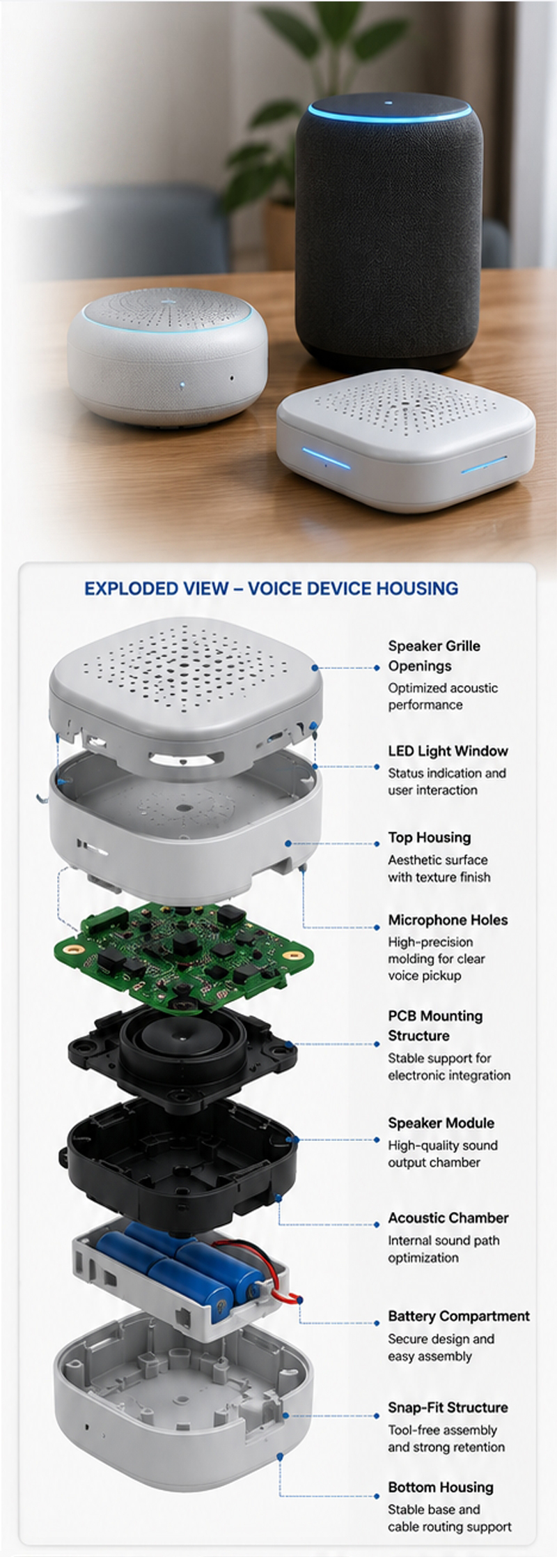 Exploded view of voice interaction device housing with microphone holes, speaker chamber, acoustic openings, PCB mounting, LED window, and snap-fit assembly