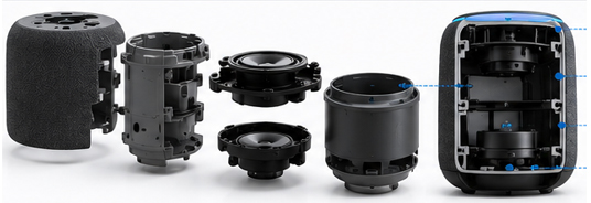 Smart speaker housing with acoustic chamber structures, speaker grille openings, hidden assembly design, and LED light windows