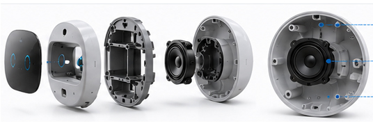 AI companion device housing with curved appearance surfaces, integrated speaker areas, and internal mounting structures