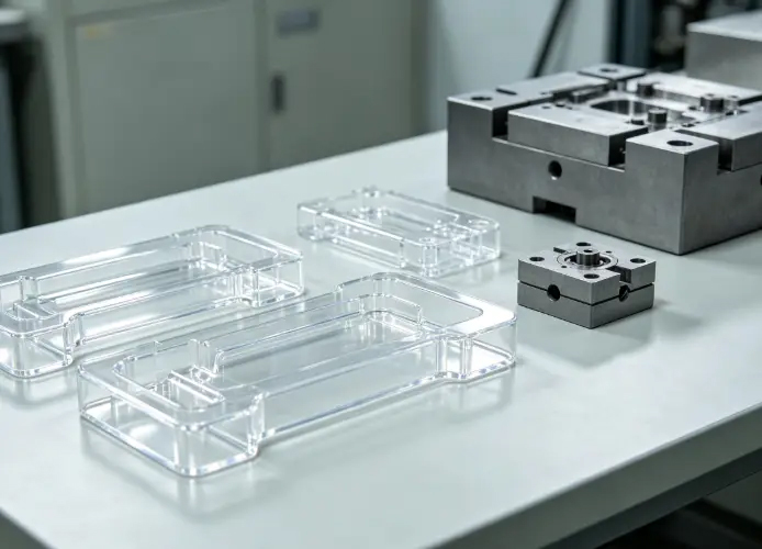 Initial mold trial of a transparent PET container with injection mold and molded samples